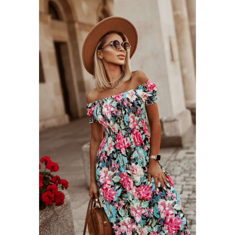 Off-Shoulder Midi Dress with High Neck and Flutter Sleeves