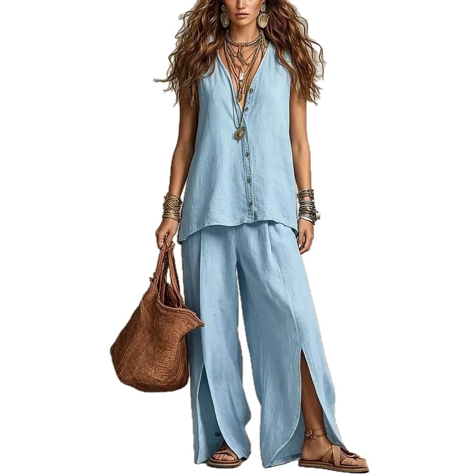 Women's Sleeveless V-Neck Button Lounge Set Casual Beach Two-Piece