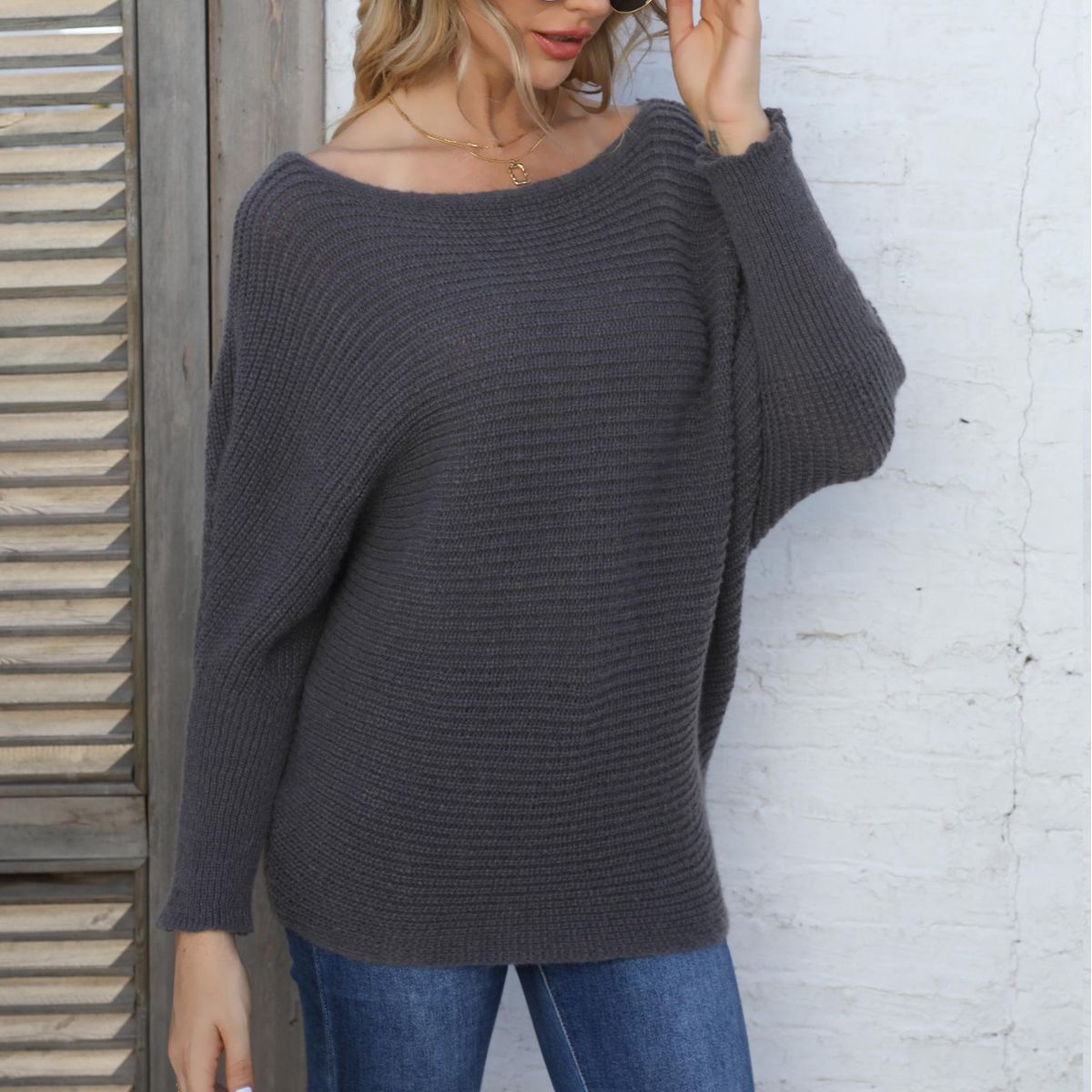 Women's Striped Batwing Sleeve Off-Shoulder Knit Sweater