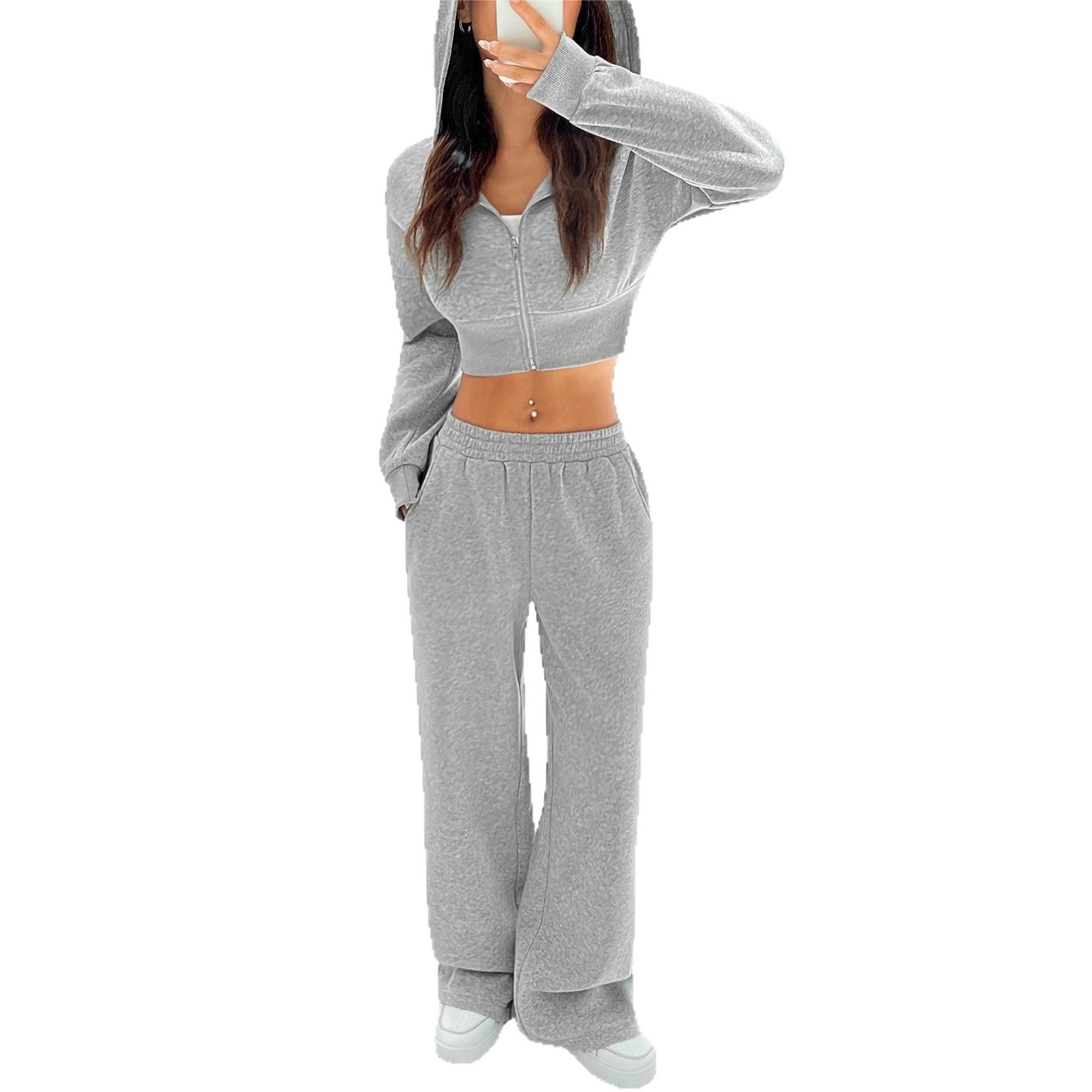 Women's Zip-Up Hoodie and Wide-Leg Pants Two-Piece Set