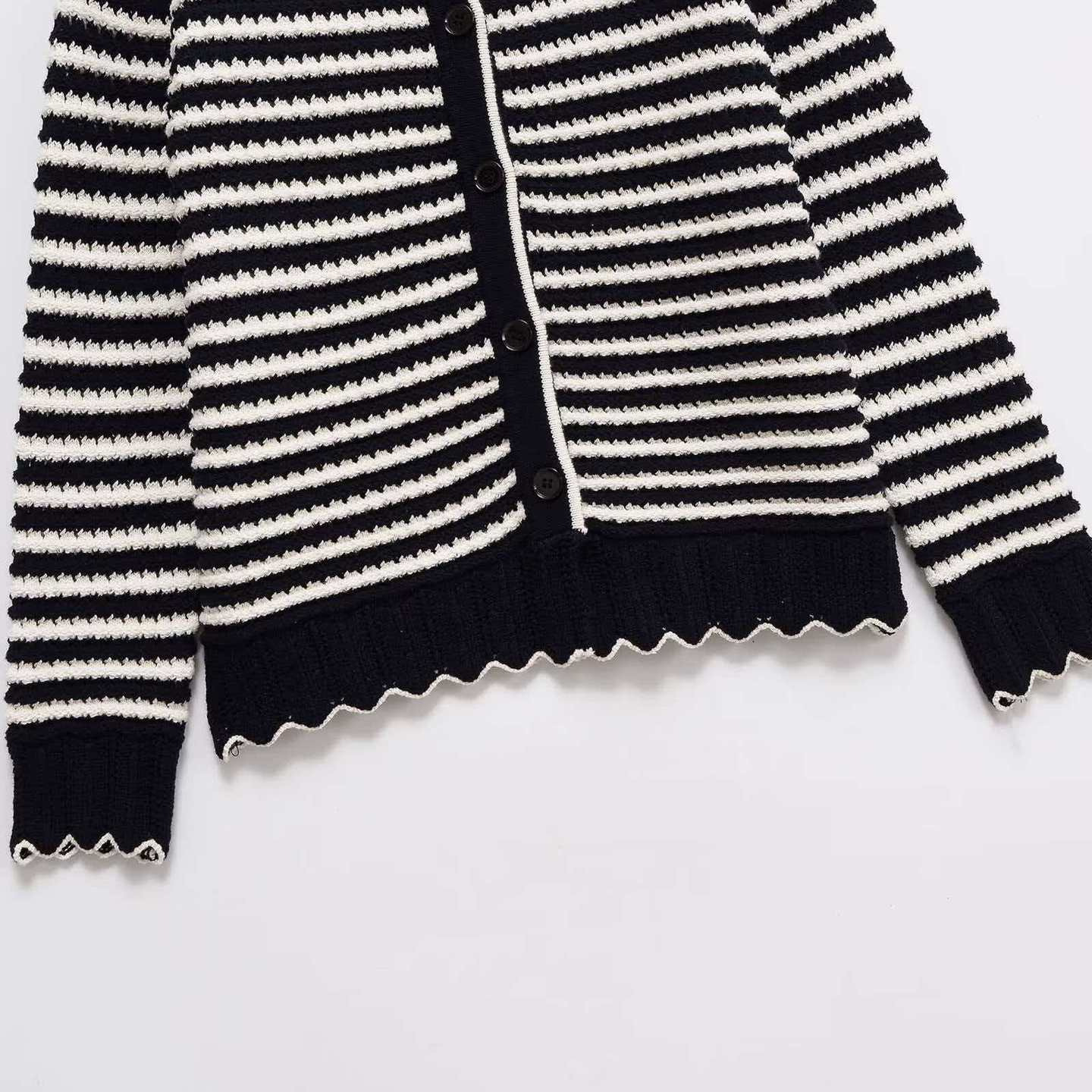 Striped Crewneck Long-Sleeve Knit Cardigan Sweater