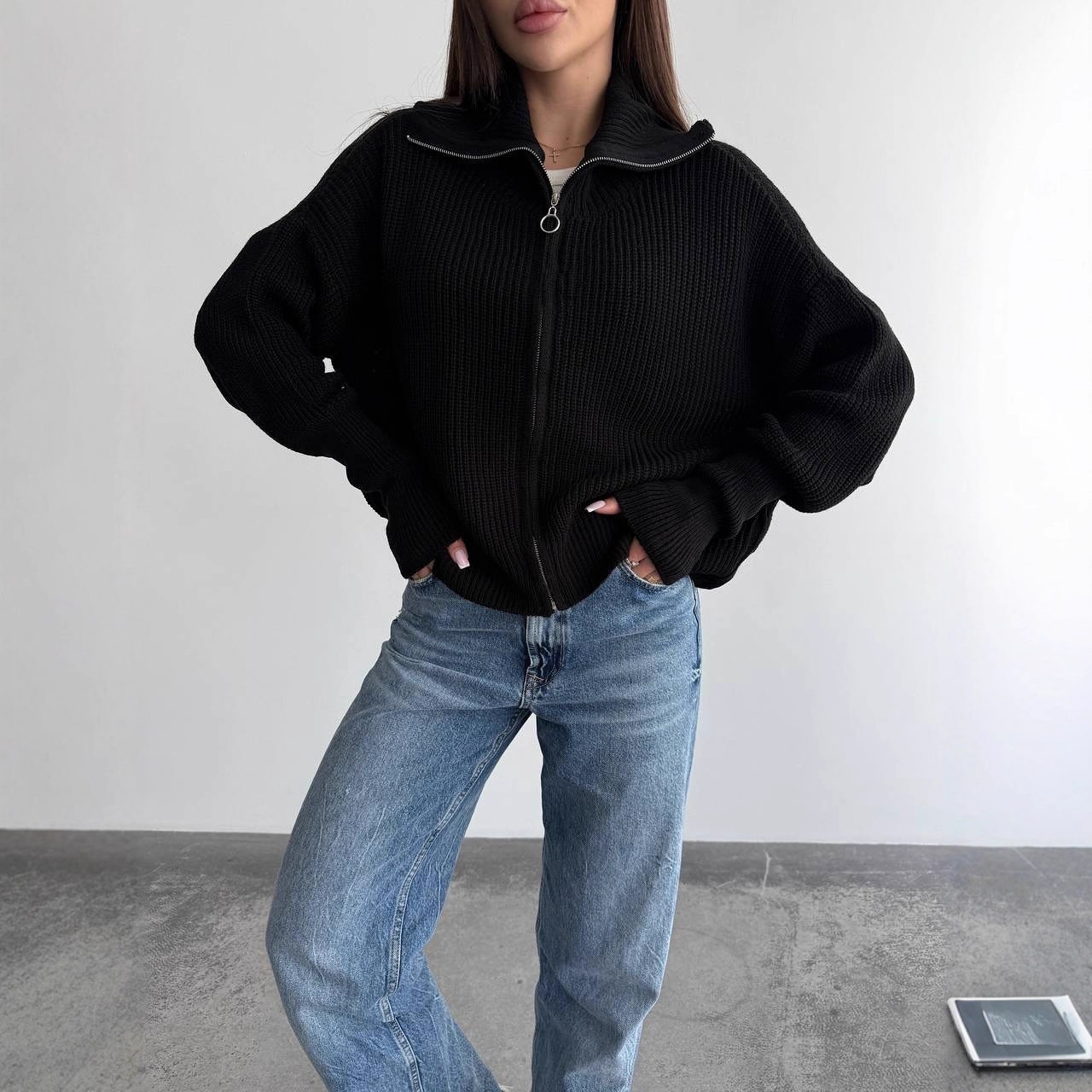 Solid Knit Long Sleeve Zip Collared Cardigan Casual Women's Warm Outerwear
