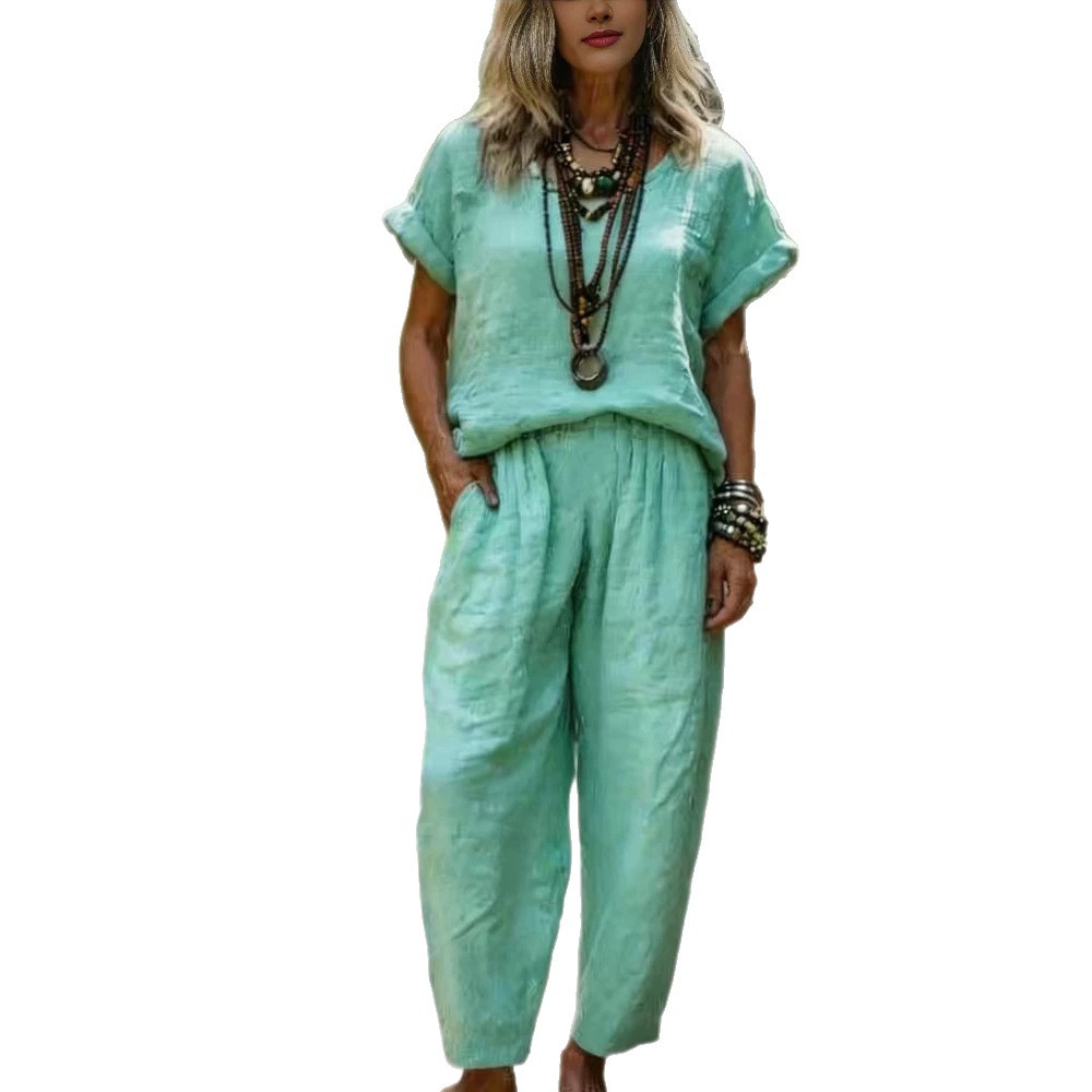 Women's Cotton-Linen Short Sleeve Crewneck Top and Straight-Leg Pants Set