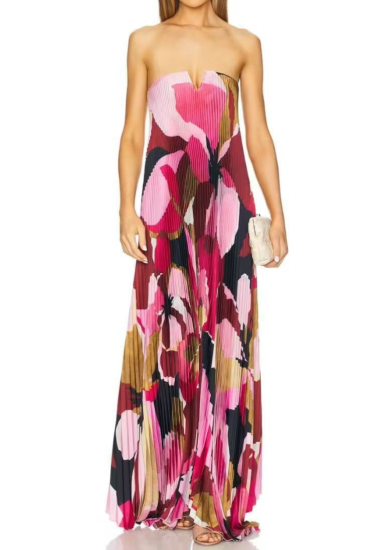 Pink Orange-Red Floral Strapless Pleated Maxi Dress
