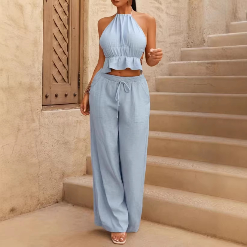Women's Halter Cami Top and Wide-Leg Pants Two-Piece Set