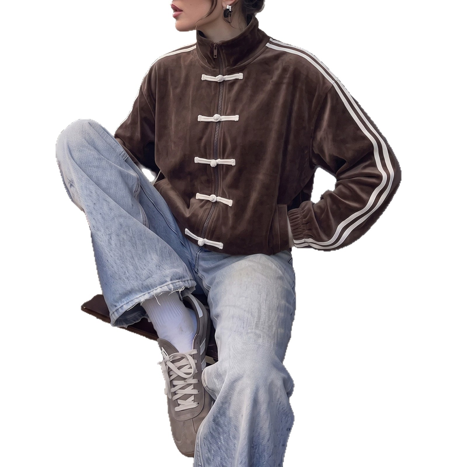 Women's New Chinese Style Frog Button Zip-Up Jacket with Stand Collar and Side Stripes