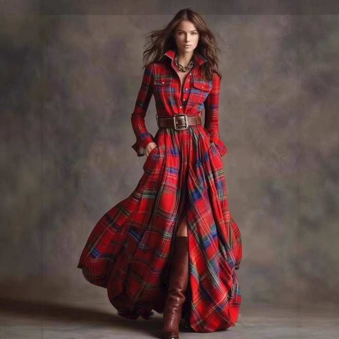French Vintage Plaid Irregular Shirt Dress with Belt