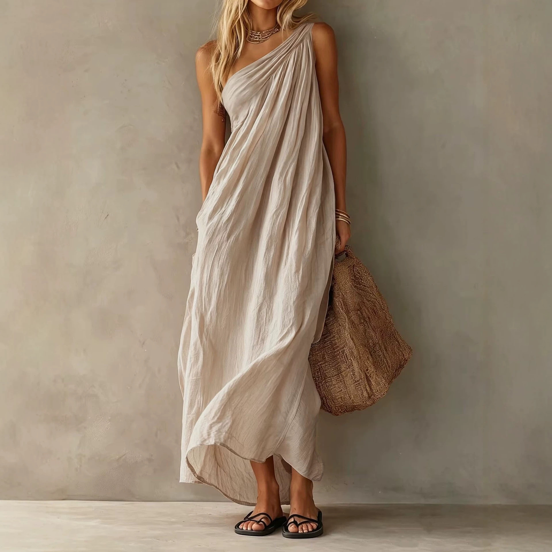 Women's One-Shoulder Long Dress Solid Color Casual Elegant Vacation A-Line