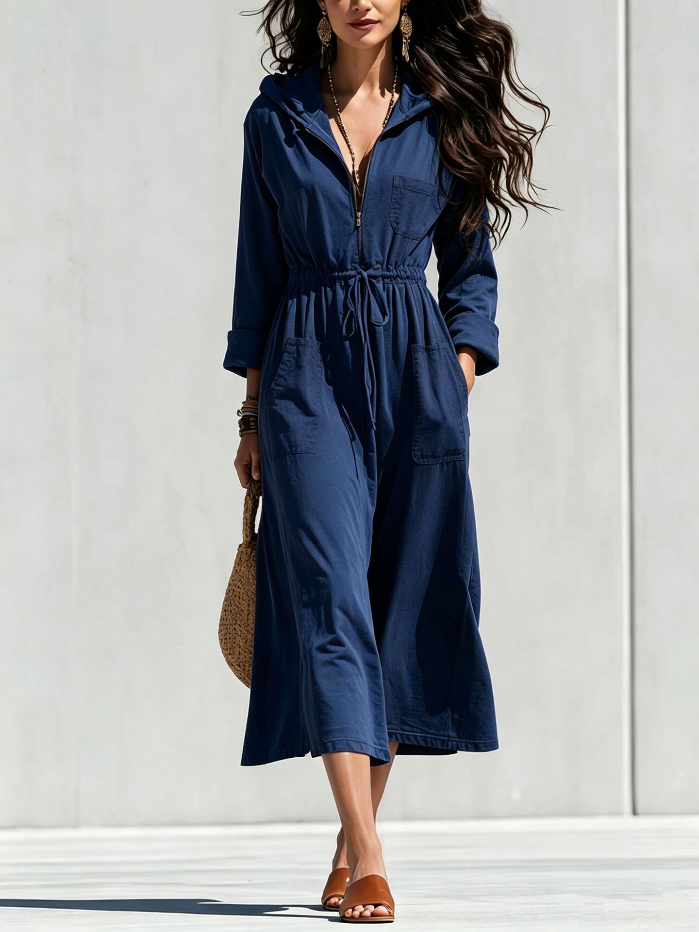 Women's Solid Half-Zip Drawstring Hooded Midi Dress