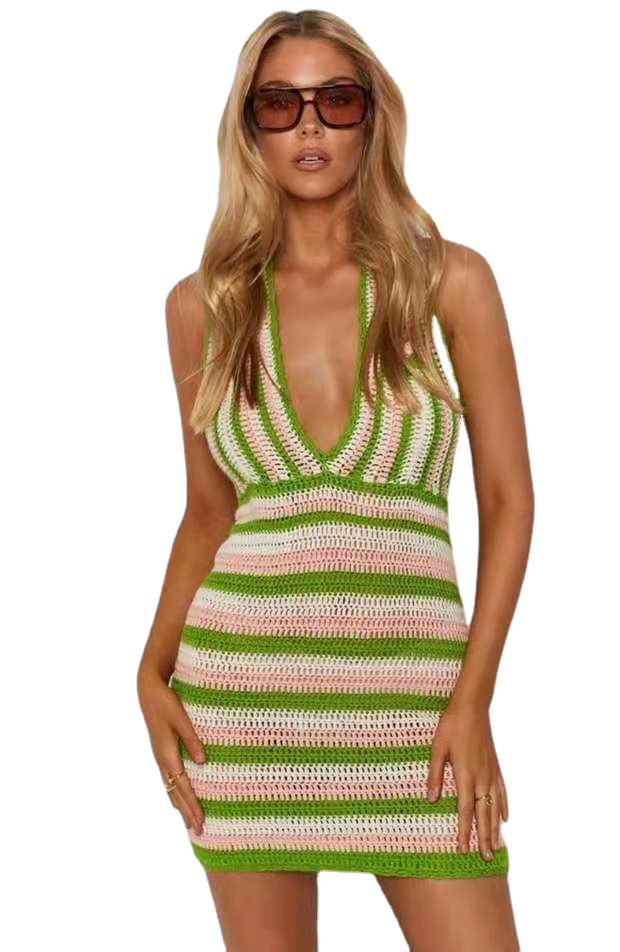 Striped Color-Block Halter Open-Back Deep V Knit Dress