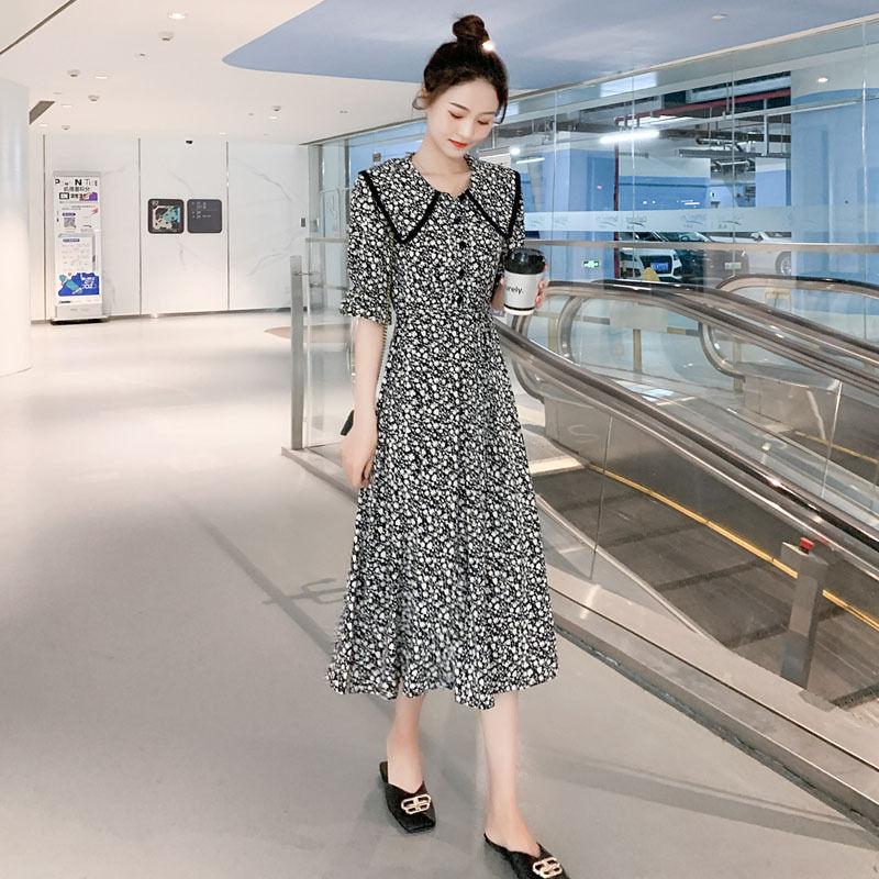 Floral A-Line Midi Dress with French Sailor Collar and Cinched Waist