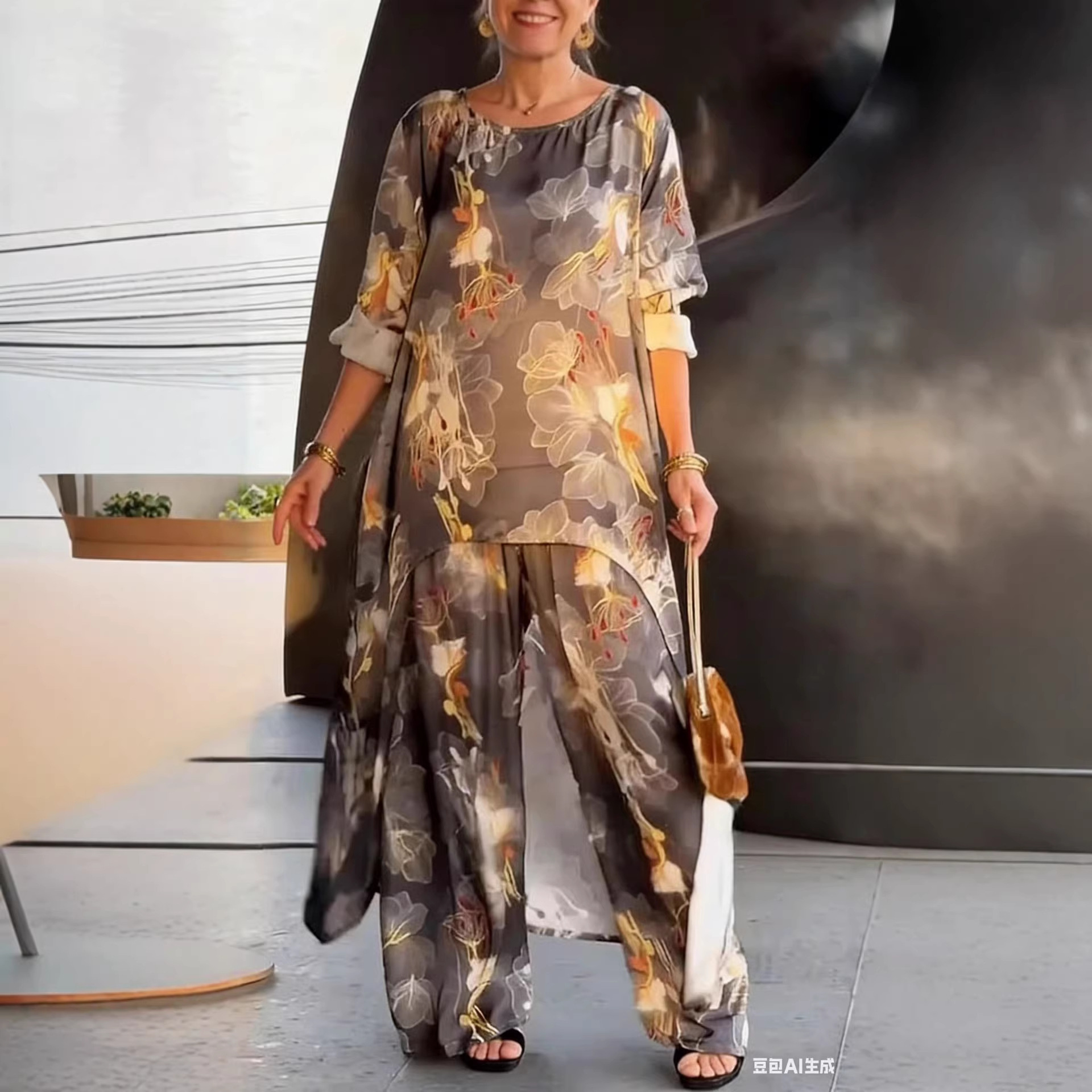 Women's Printed Round Neck Irregular Long Top and Wide-Leg Pants Casual Set