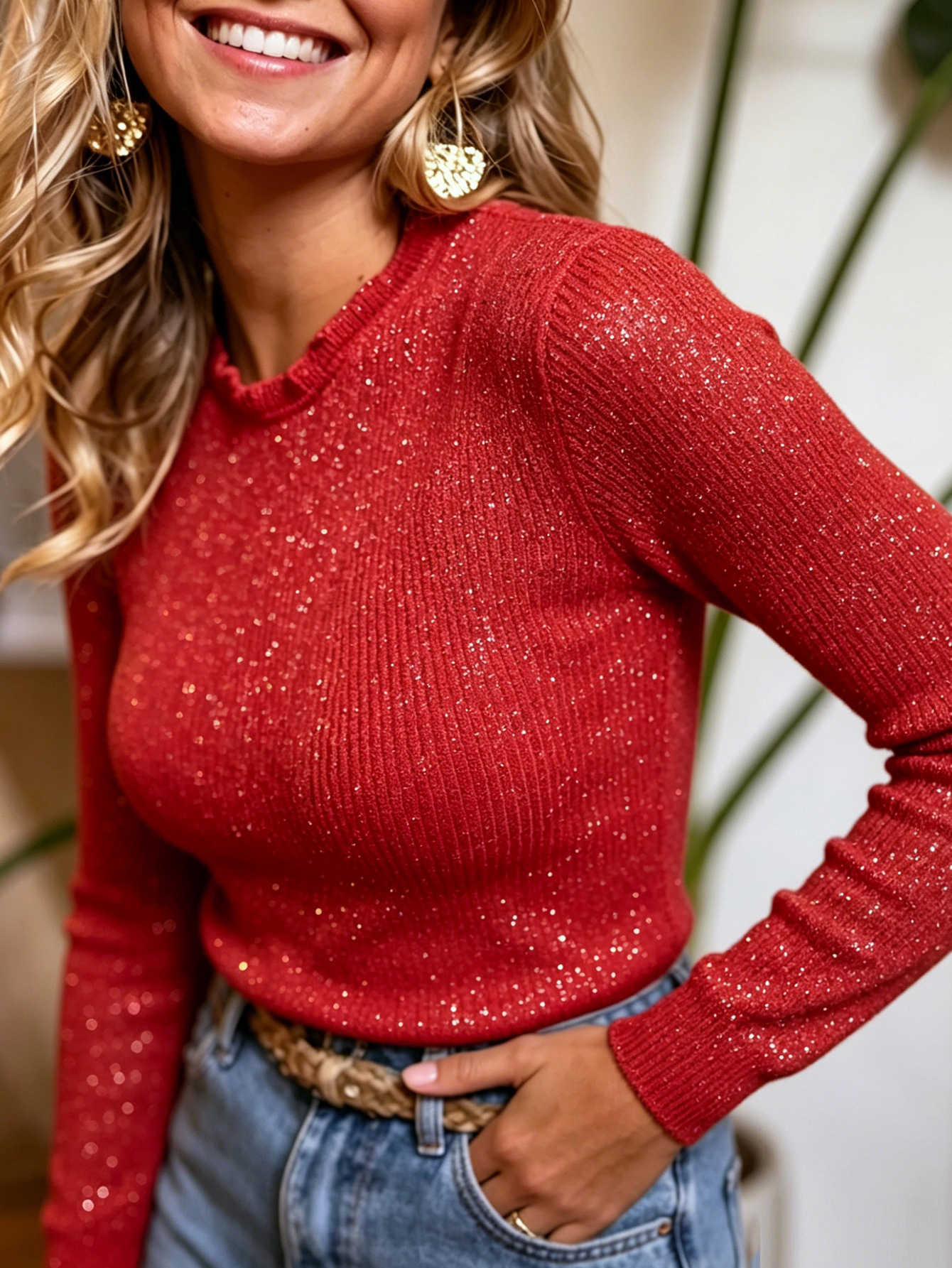 Women's Ribbed Knit Ruffle Trim Half Turtleneck Long Sleeve Slim Fit Top