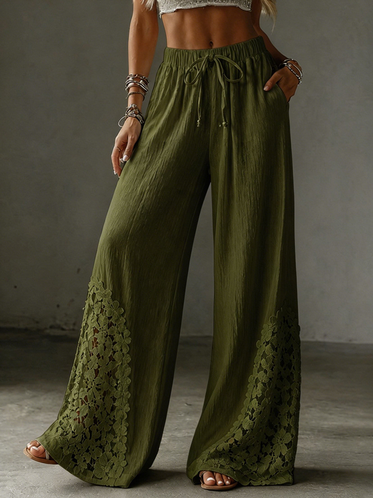 Women's Solid Lace Pocket Drawstring Wide-Leg Pants