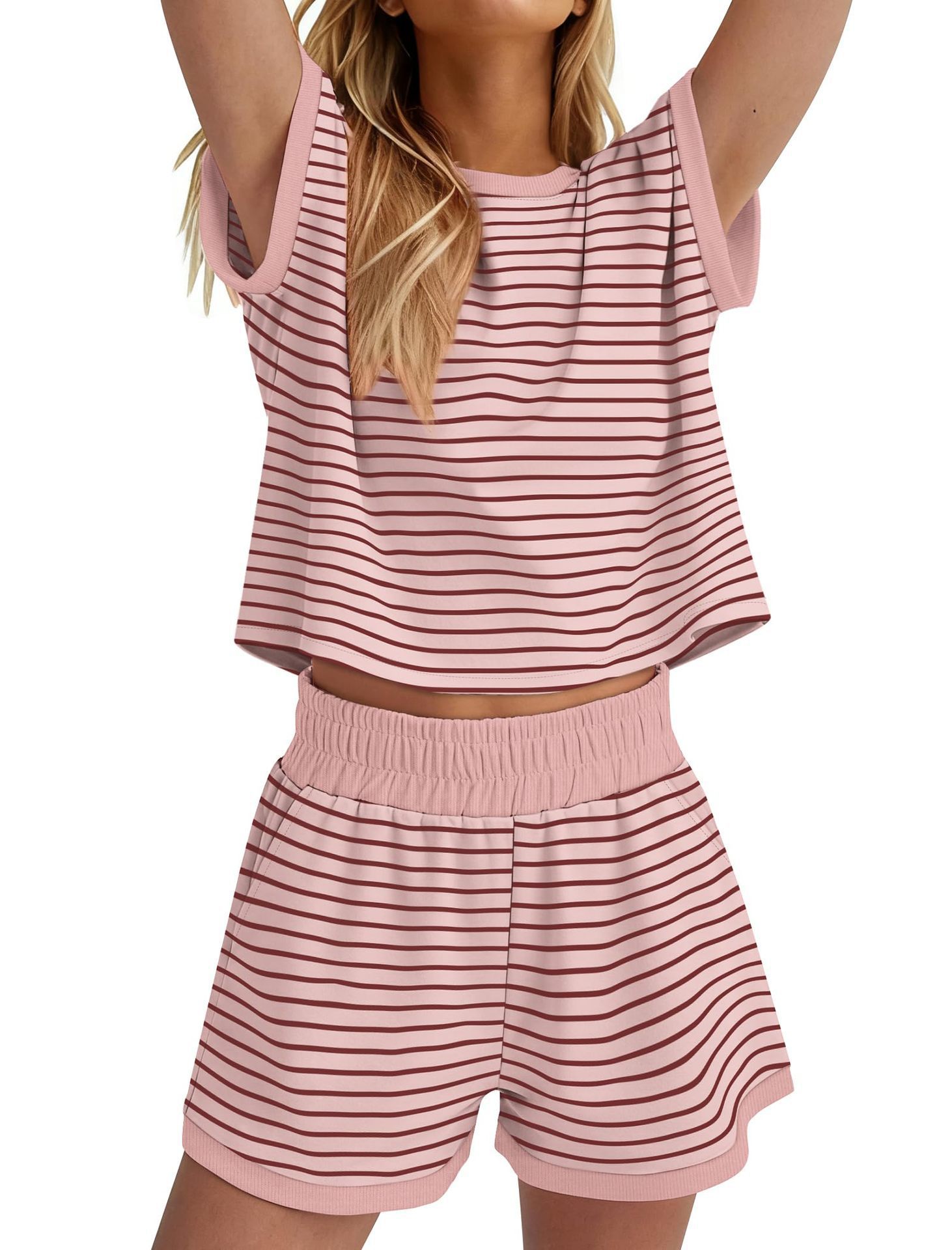 Women's Color-Block Striped Short-Sleeve Tee & Shorts Two-Piece Set