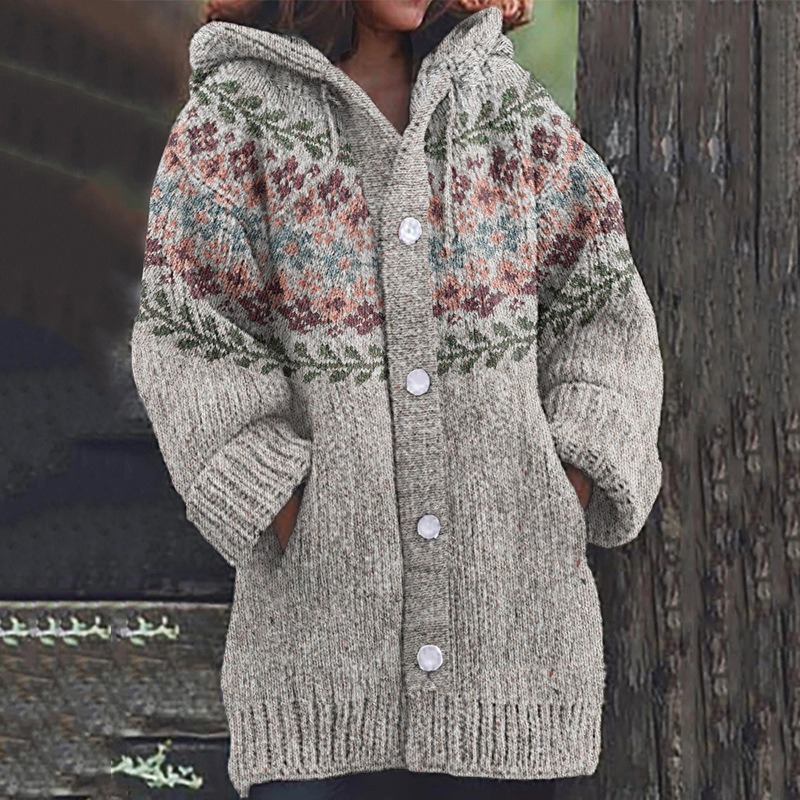 Women's Floral Leaf Print Hooded Button Cardigan Sweater