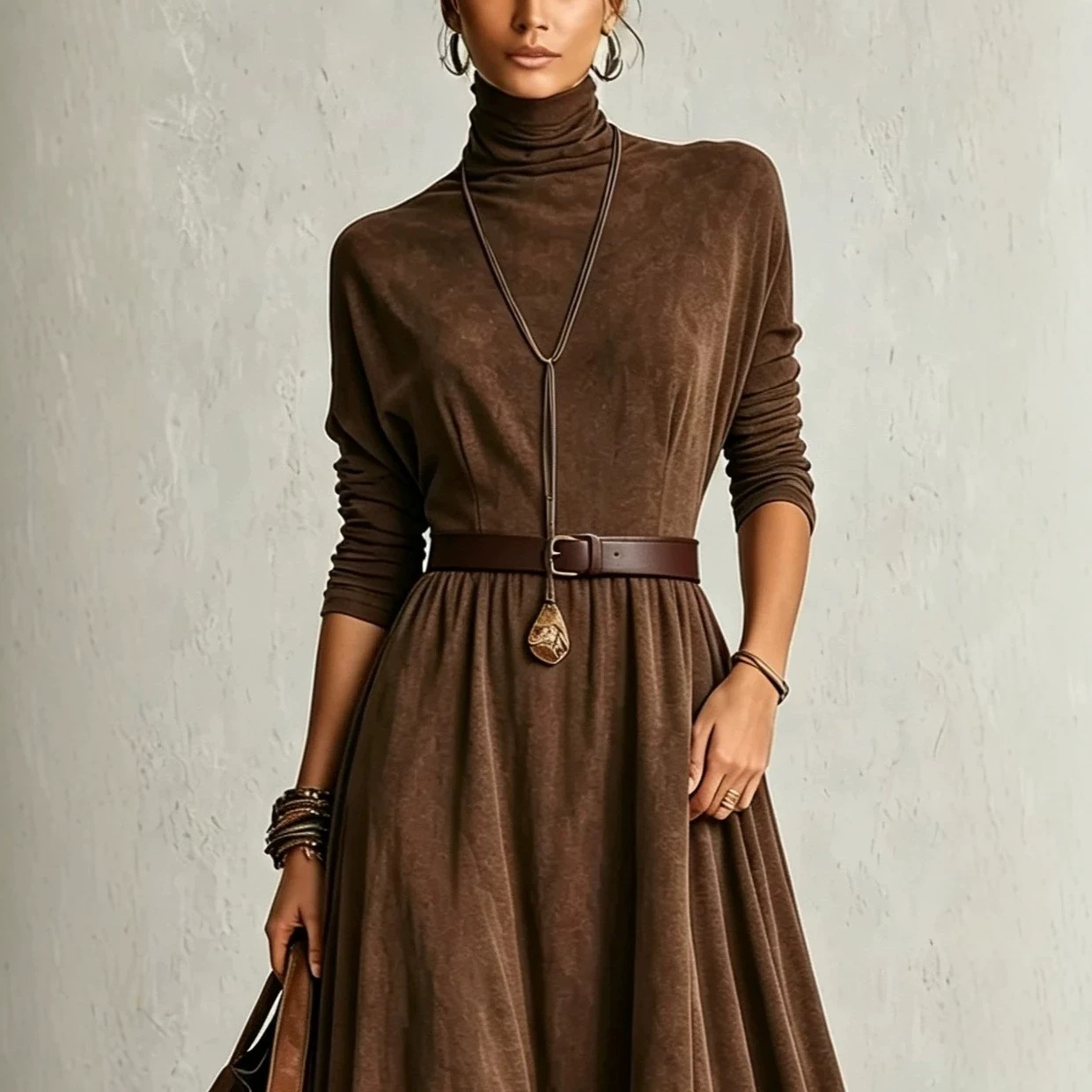 Elegant Color-Block Long Dress with Stand Collar for Fall Winter Commute