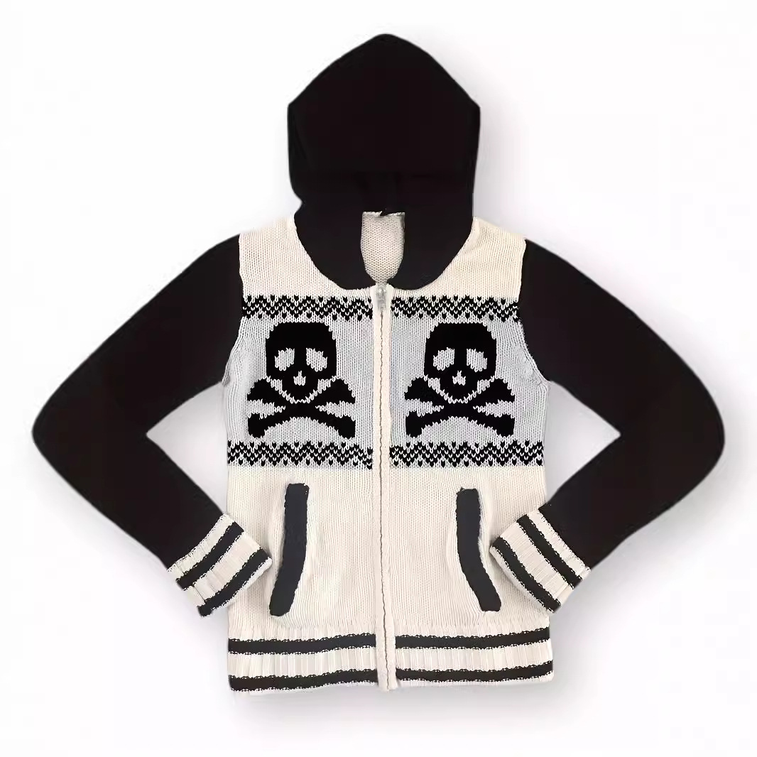 Skull Print Hooded Cardigan Sweater