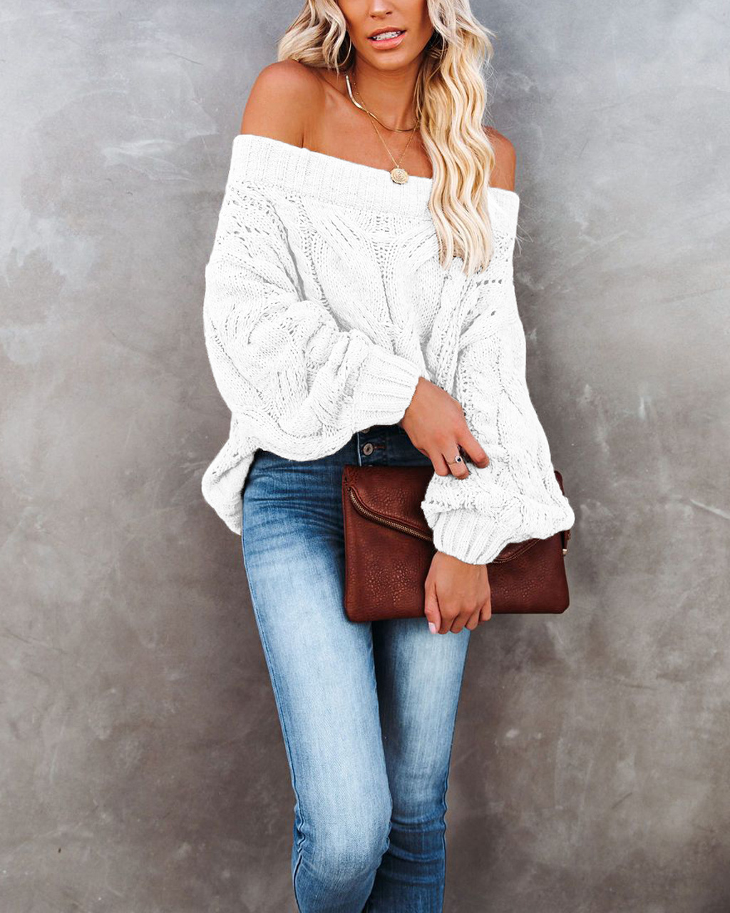 Off-Shoulder Loose Knit Pullover Sweater Solid Color