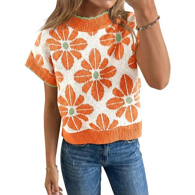 Women's Floral Knit Short Sleeve Sweater Vintage Crew Neck Loose Summer Pullover