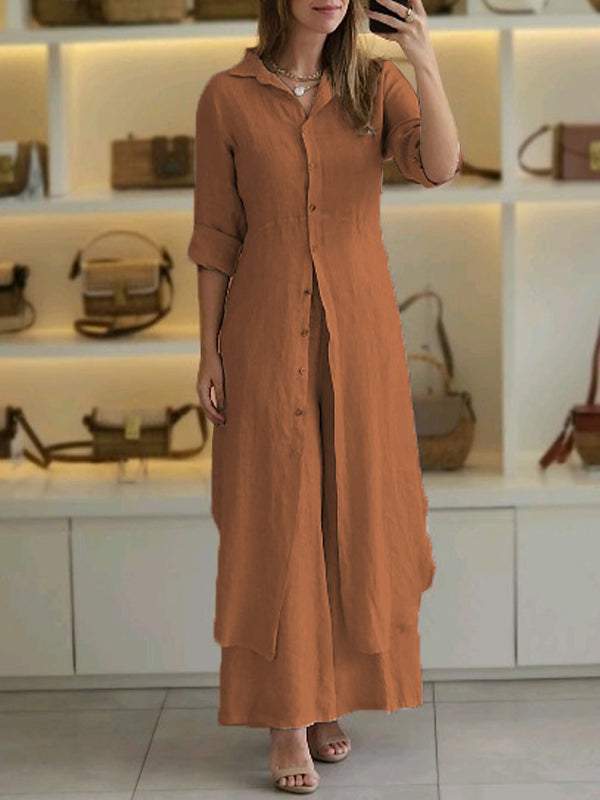 Urban Elegant Cotton-Linen Slim Waist Long Shirt & Wide-Leg Pants Set