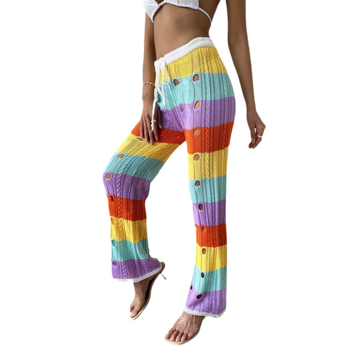 Women's Sheer Open-Knit Colorblock Wide-Leg Pants