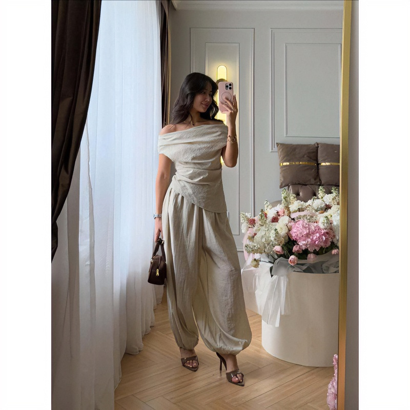 Women's Summer One-Shoulder Short-Sleeve Top & Wide-Leg Pants Set Solid Color