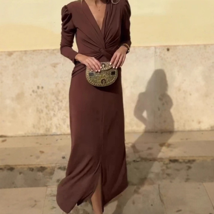 Women's Twist Knot Long Sleeve Maxi Dress Slimming V-Neck