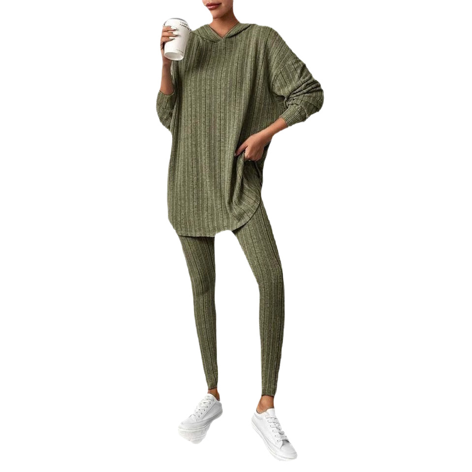 Ribbed Knit Hooded Long Sleeve Lounge Set