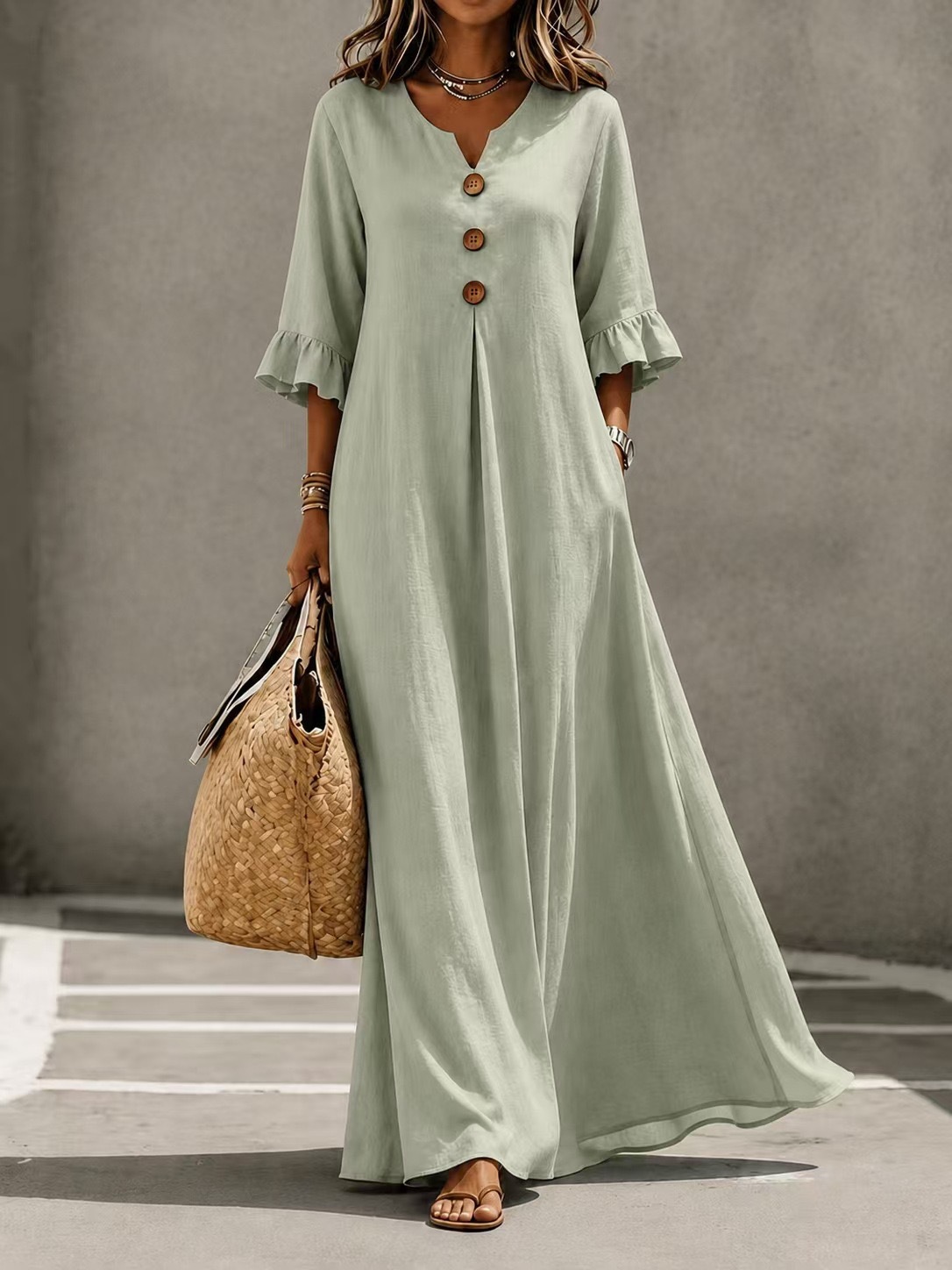 V-Neck Button Ruffle Sleeve Solid Loose Casual Dress