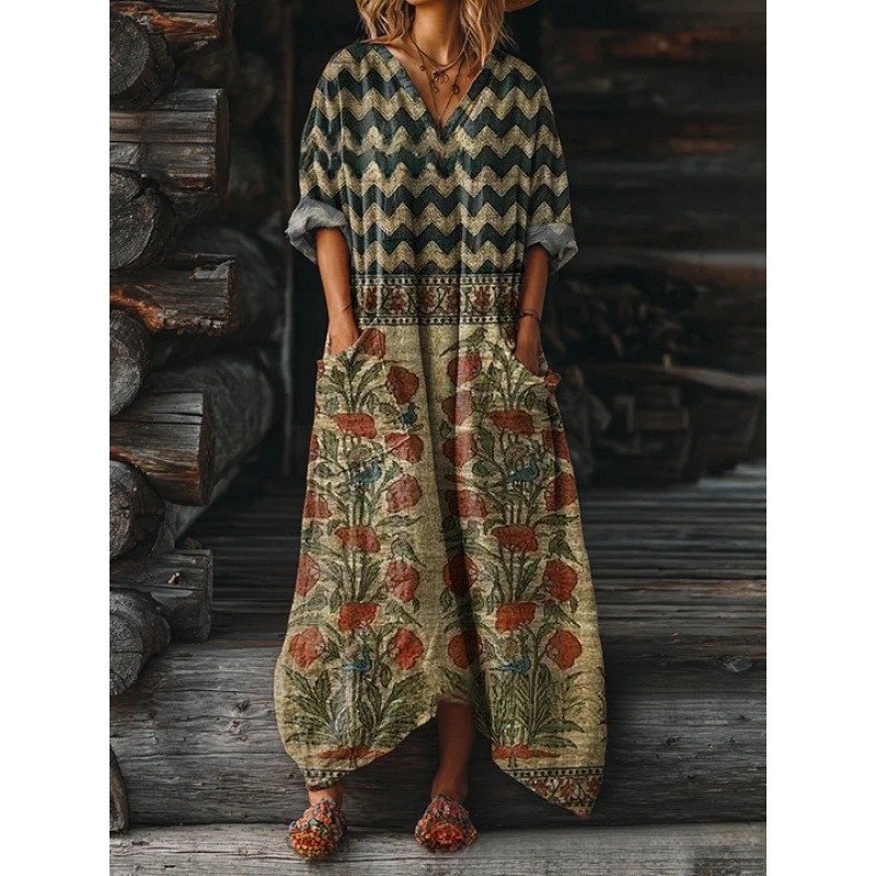 Women's Floral Ripple Print V-Neck A-Line Midi Dress Long Sleeve