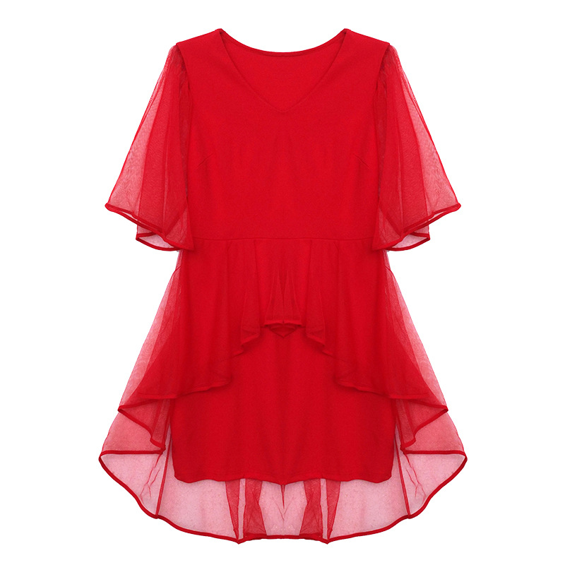 French Chiffon Dress Women's Summer V-Neck A-Line Midi Dress with Mesh Panels