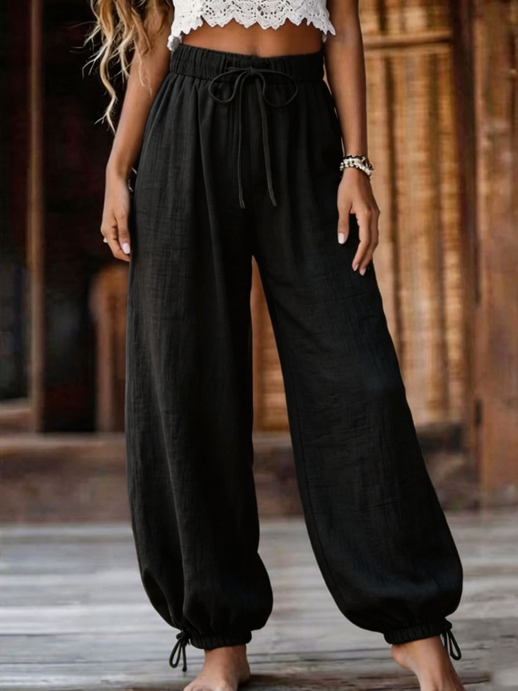Women's Summer Lightweight Loose Straight-Leg Pants Solid Color High-Waist