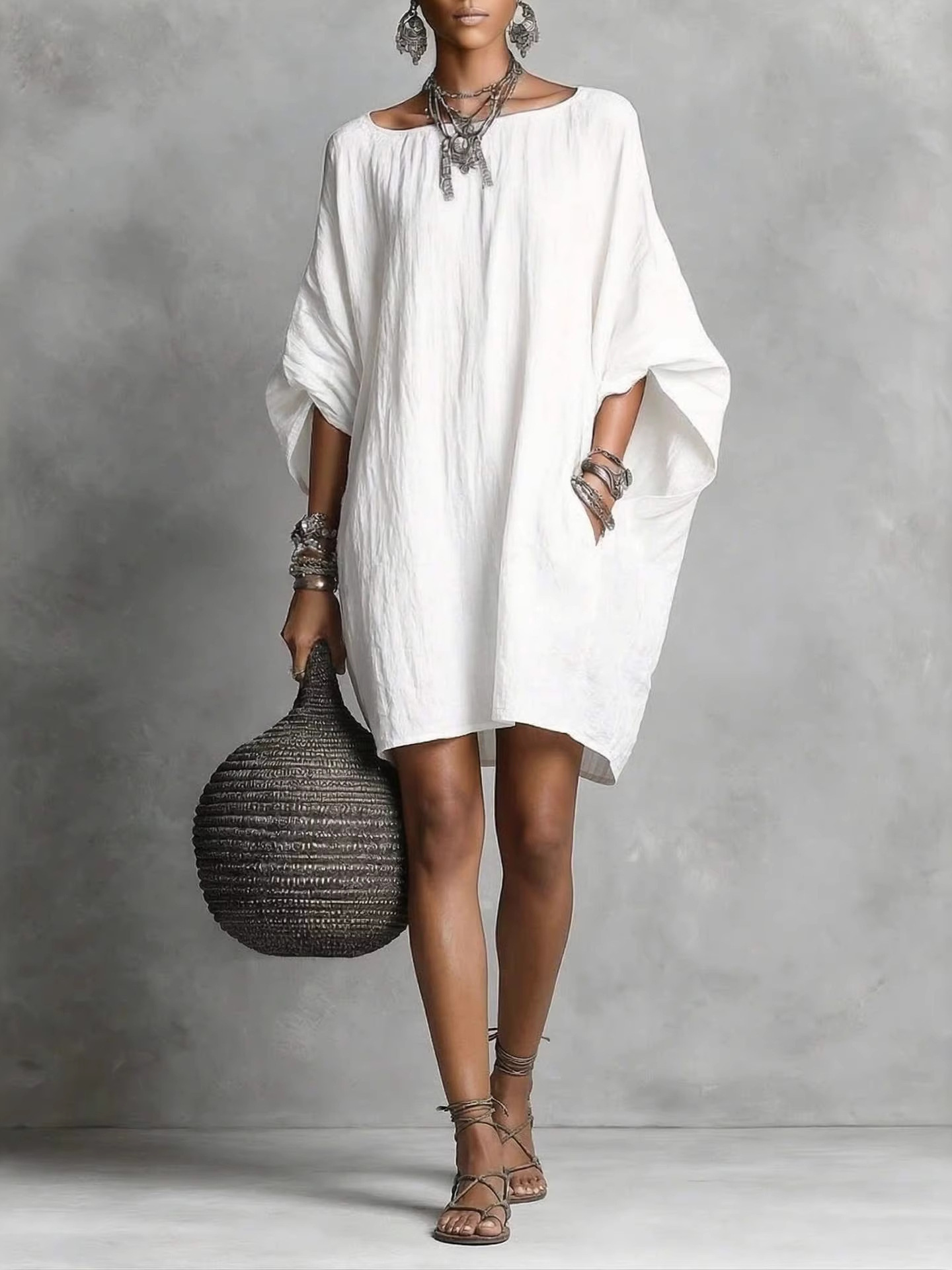 Women's Vintage Off-Shoulder Long Sleeve Midi Dress Solid Color Cotton-Linen Casual