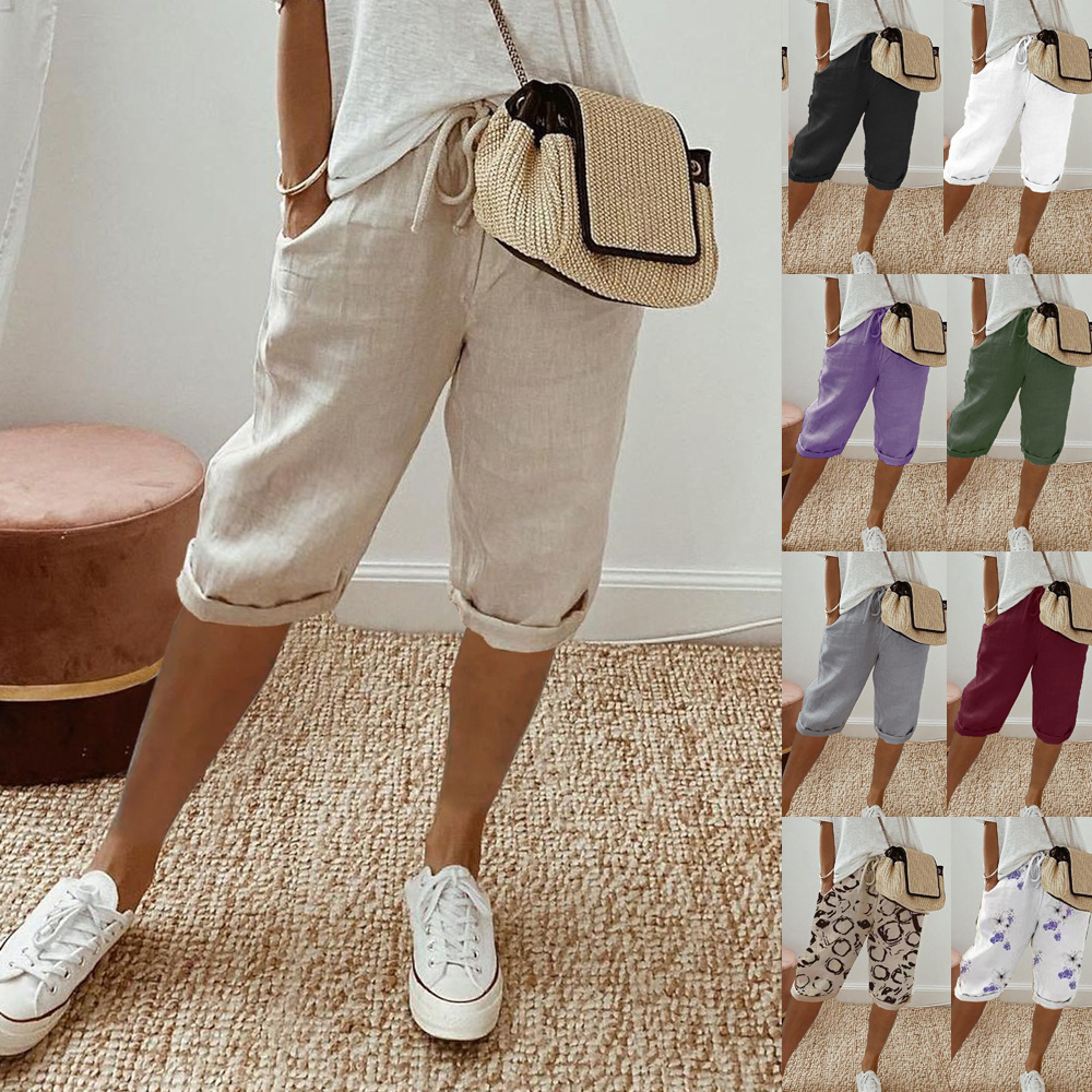 Women's Cotton-Linen Elastic Waist Casual Shorts with Pockets