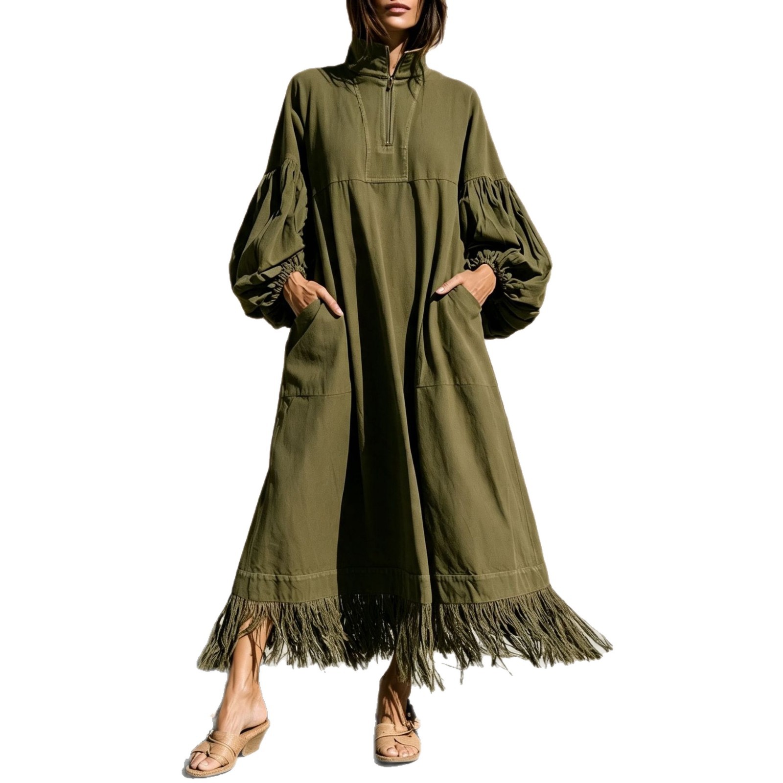 Women's Stand Collar Zip Lantern Sleeve Loose Dress with Fringe Hem