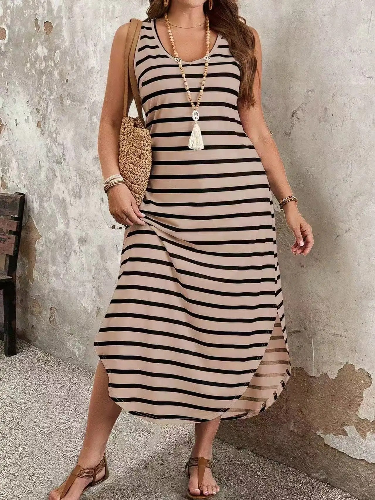 Striped Sleeveless Midi Dress Casual Beach Sundress