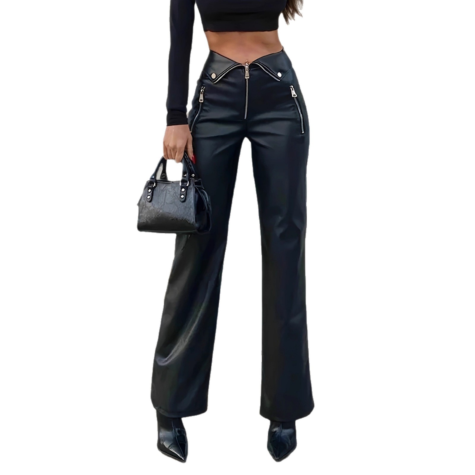 High-Waisted PU Leather Straight-Leg Pants with Metal Zip
