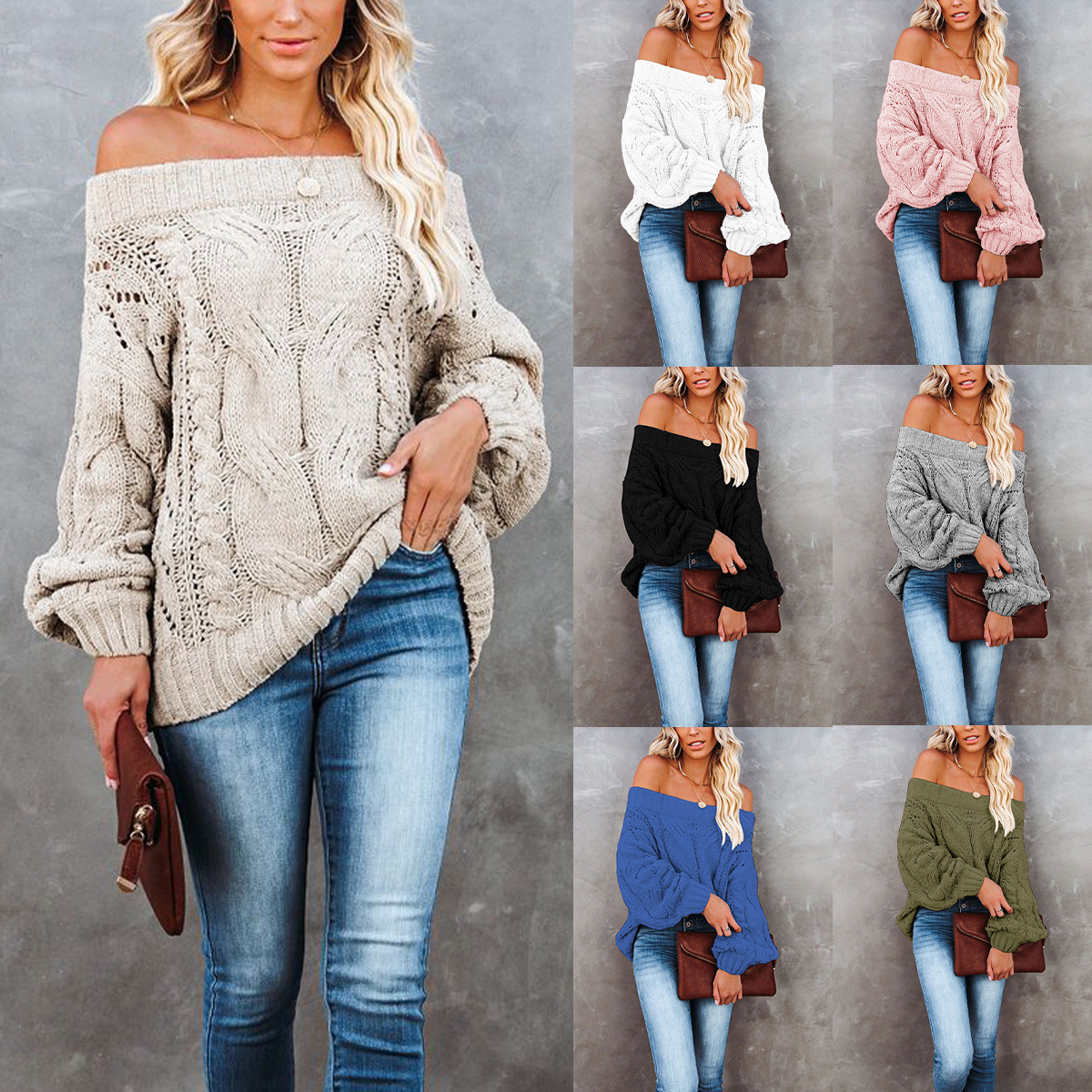 Off-Shoulder Loose Knit Pullover Sweater Solid Color