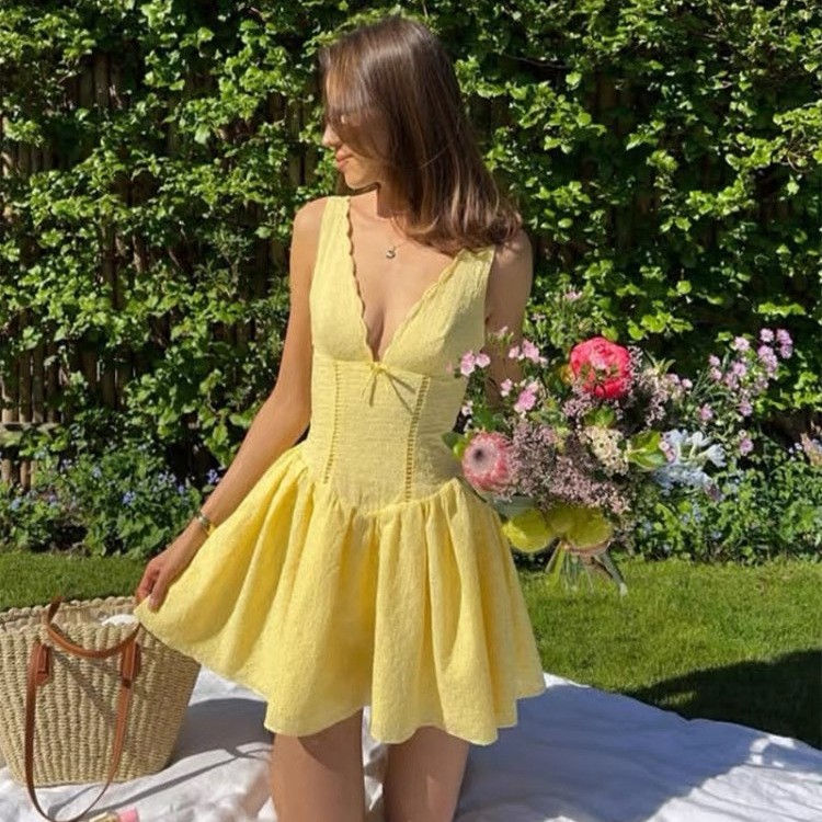 Women's French Style Deep V Neck A-Line Mini Dress with Bow