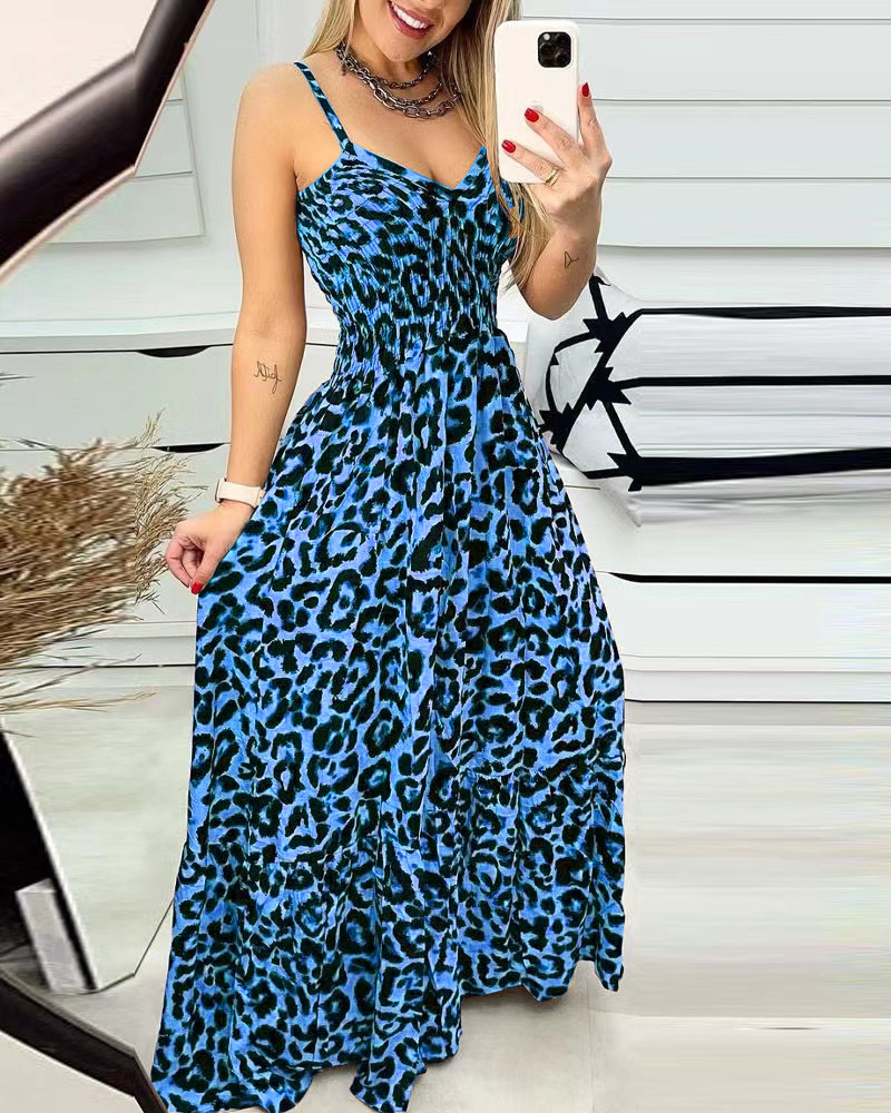 Leopard Print V-Neck Cami Maxi Dress High Waist Sexy