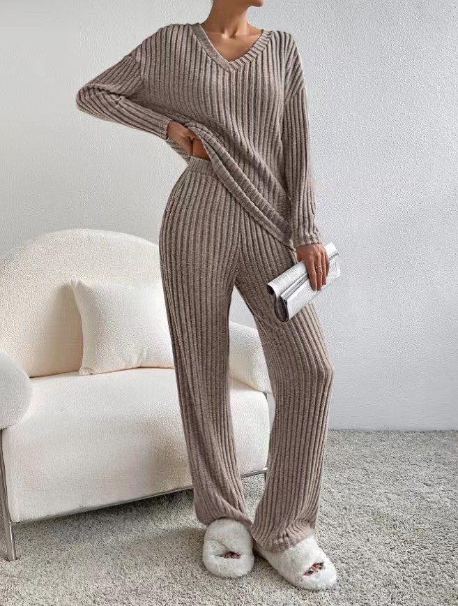 Women's Two-Piece Ribbed Knit Set V-Neck Top & Straight-Leg Pants