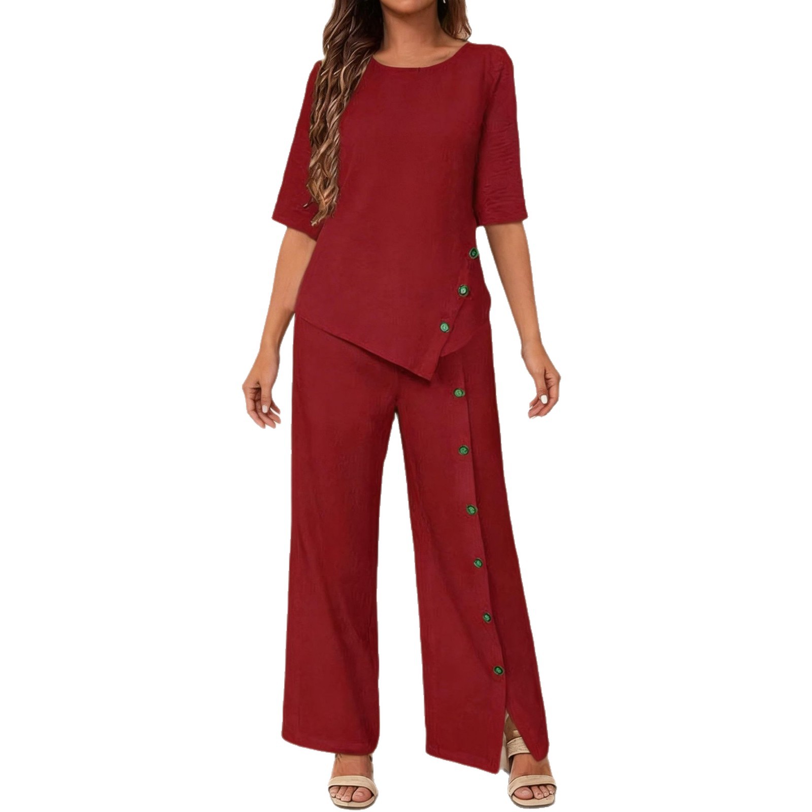 Women's Asymmetrical Hem Pant Set with Button Short-Sleeve Shirt