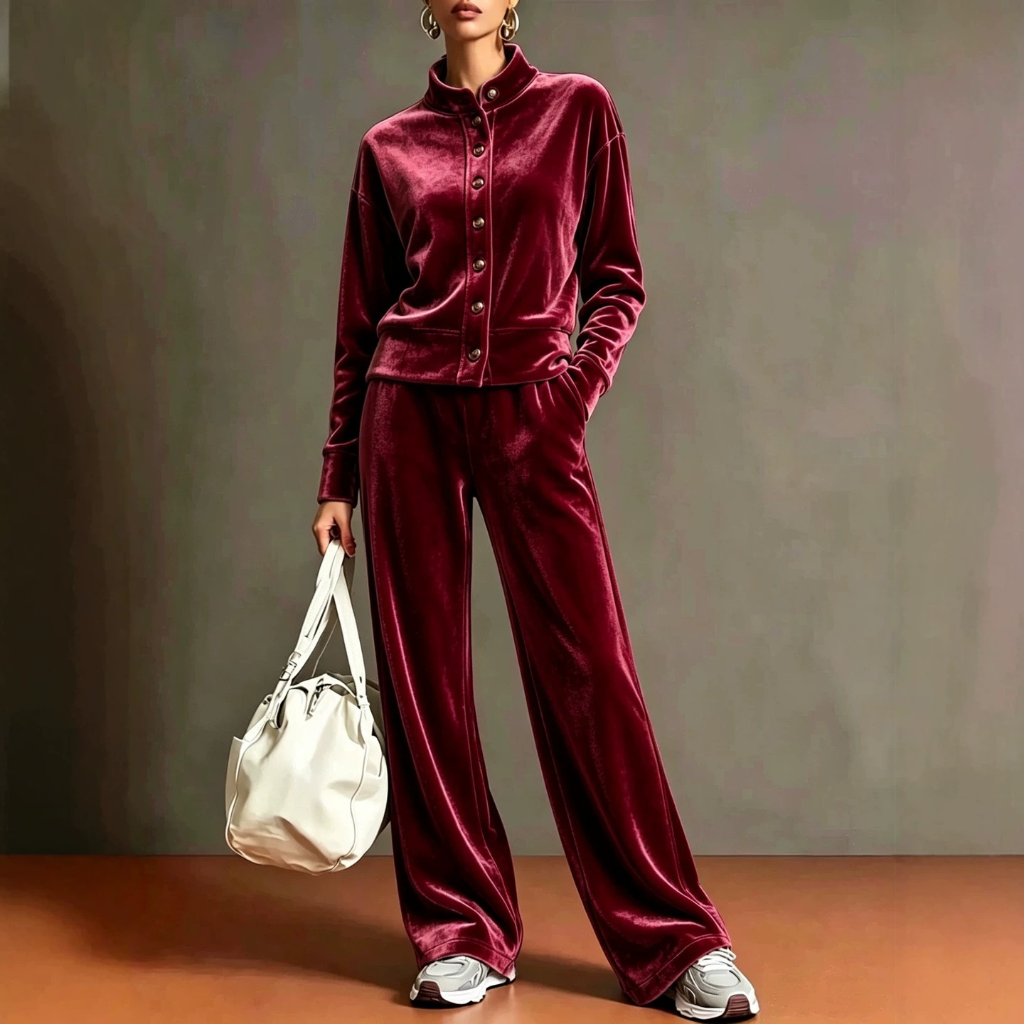 Women's Velvet Stand-Collar Cardigan Hoodie & Wide-Leg Pants Set