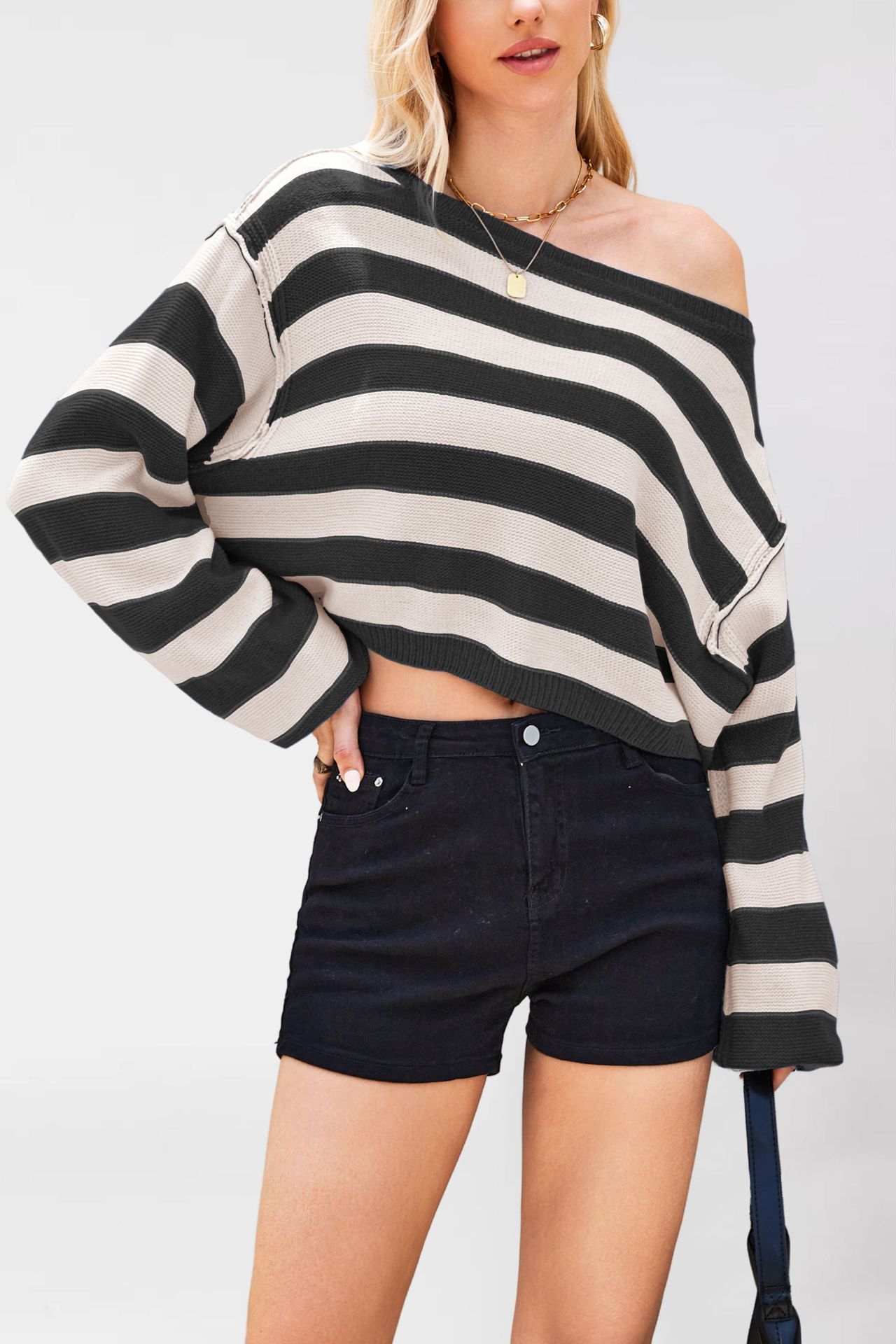 Striped Pullover Sweater Loose Short Knit Top