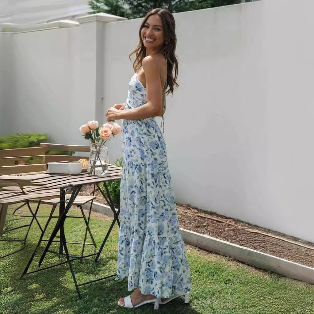 Women's Off-Shoulder Halter V-Neck Sleeveless Long Dress with Floral Print