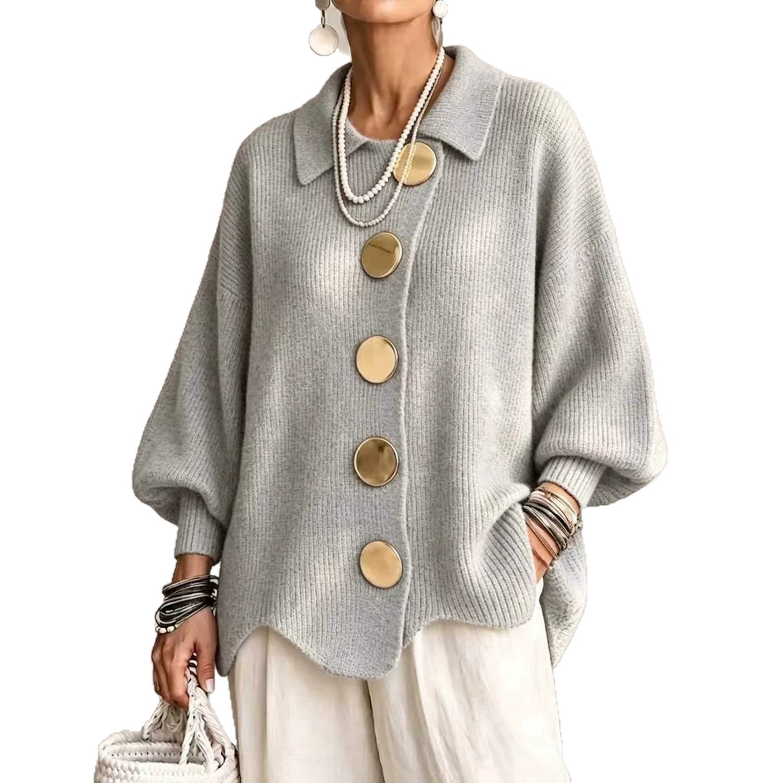 Button-Front Knit Collared Cardigan Sweater Coat