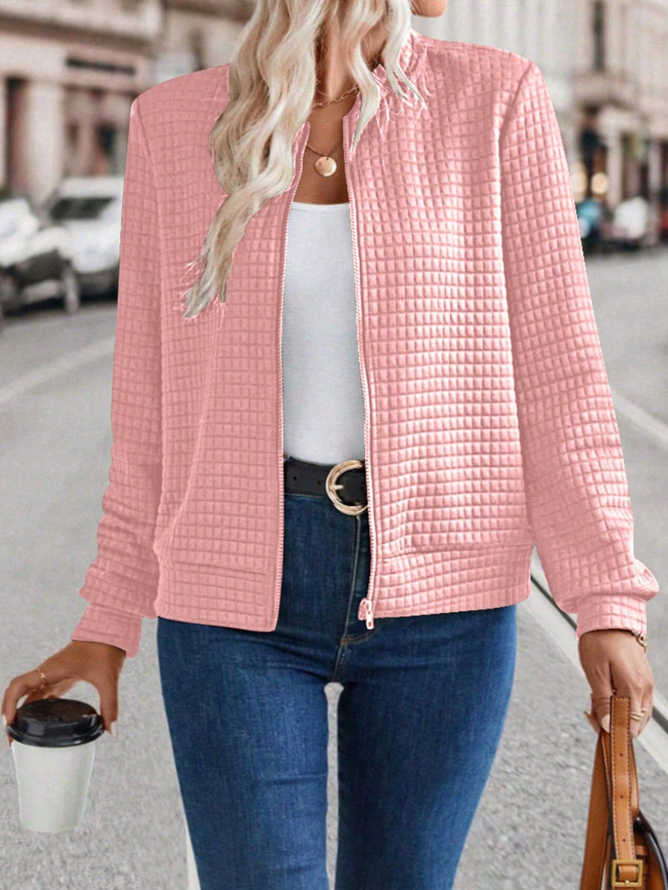 Women's Solid Color Zip-Up Jacket with Textured Finish