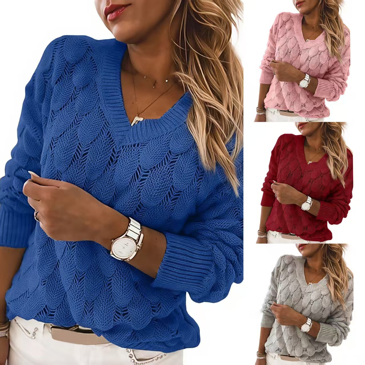 Women's V-Neck Hollow-Out Knit Sweater with Feather Detail Long Sleeve