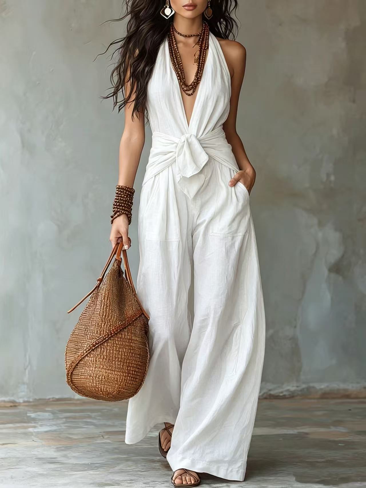 Sleeveless Halter Tie-Waist Wide-Leg Jumpsuit